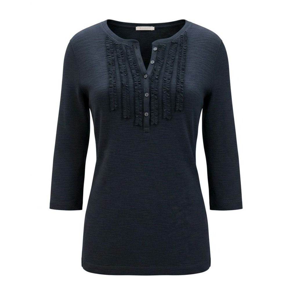 Chaps‎ Ruffle Trim Henley Top Navy 3/4 Sleeve Casual Romantic  Size L